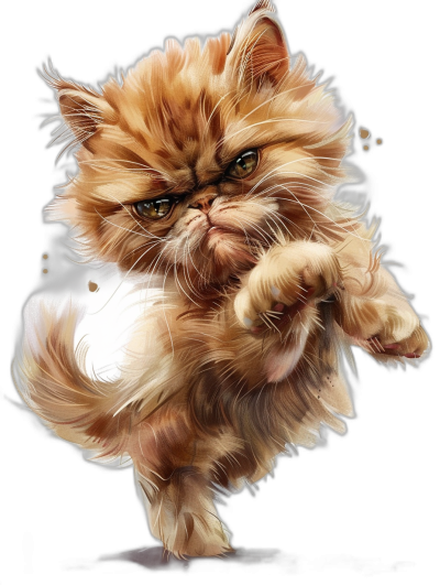 A Persian cat in a dynamic fighting pose, a hyper detailed illustration in the style of a hyper realistic digital art, a caricature portrait in the style of a full body on a black background, a digital painting and drawing style.