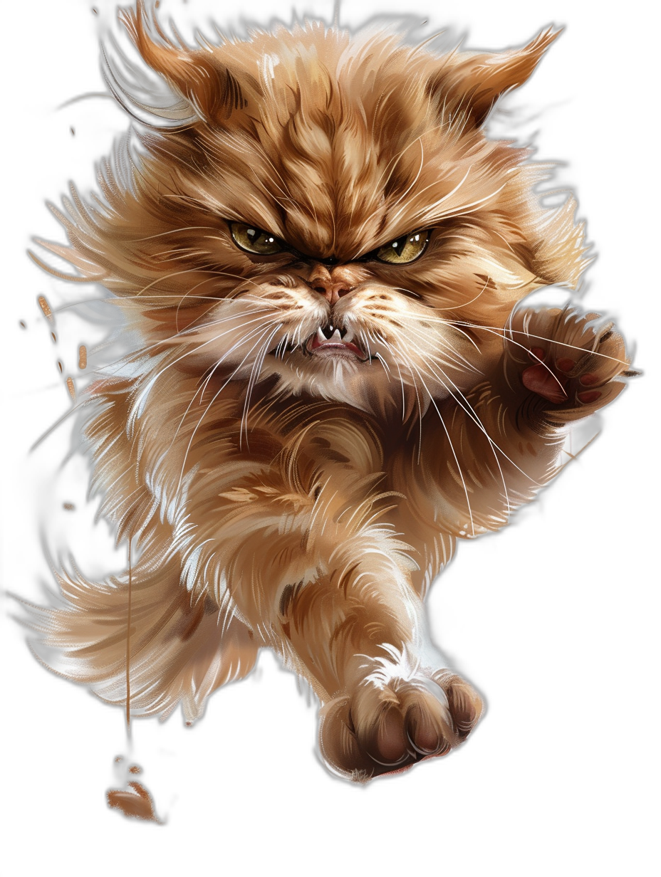 A Persian cat with an angry expression, jumping and pouncing in the air. The background is black, creating a strong contrast between light and dark. Use digital painting techniques to create a three-dimensional effect on top of flat illustrations. It has high resolution details and sharp edges. In close-up, it shows detailed fur texture and claws. The style is reminiscent of digital paintings.