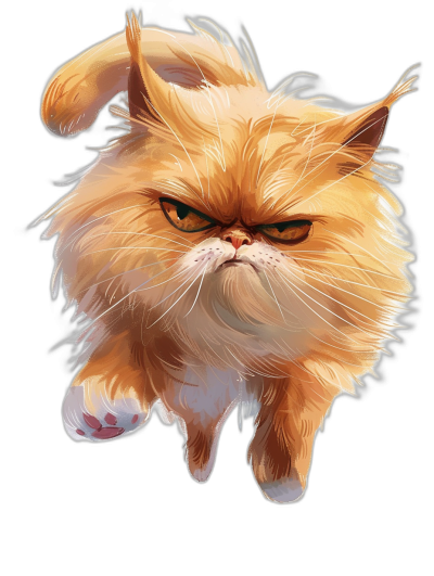 front view of an angry persian cat running towards the camera, in a cartoon style, on a black background, digital art in the style of [Artgerm](https://goo.gl/search?artist%20Artgerm) and [Atey Ghailan](https://goo.gl/search?artist%20Atey%20Ghailan) and J Scott Campbell and [Krenz Cushart](https://goo.gl/search?artist%20Krenz%20Cushart) and [Alphonse Mucha](https://goo.gl/search?artist%20Alphonse%20Mucha), resembling a comic book cover, with smooth brush strokes, resembling a poster design