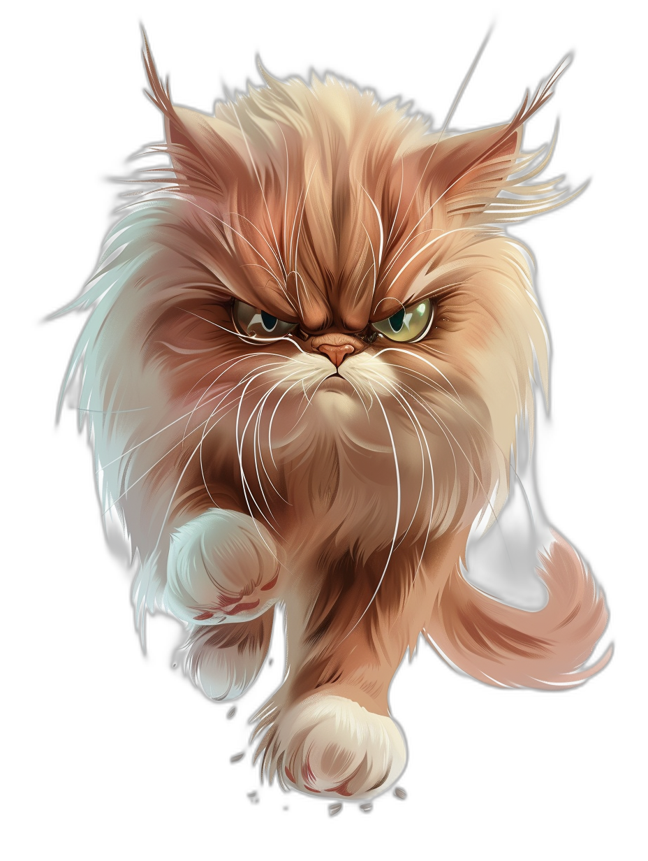 realistic cartoon illustration of an angry persian cat, isolated on black background, digital art in the style of [Artgerm](https://goo.gl/search?artist%20Artgerm) and [Greg Rutkowski](https://goo.gl/search?artist%20Greg%20Rutkowski), ultra detailed, hyper realistic