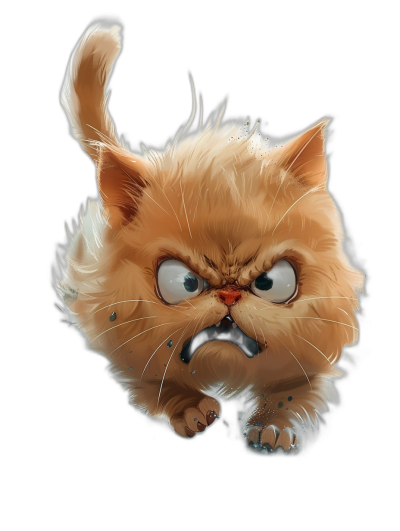 realistic cartoon illustration of an angry cute persian cat, isolated on a black background, in the style of esad ribic and pascal campion