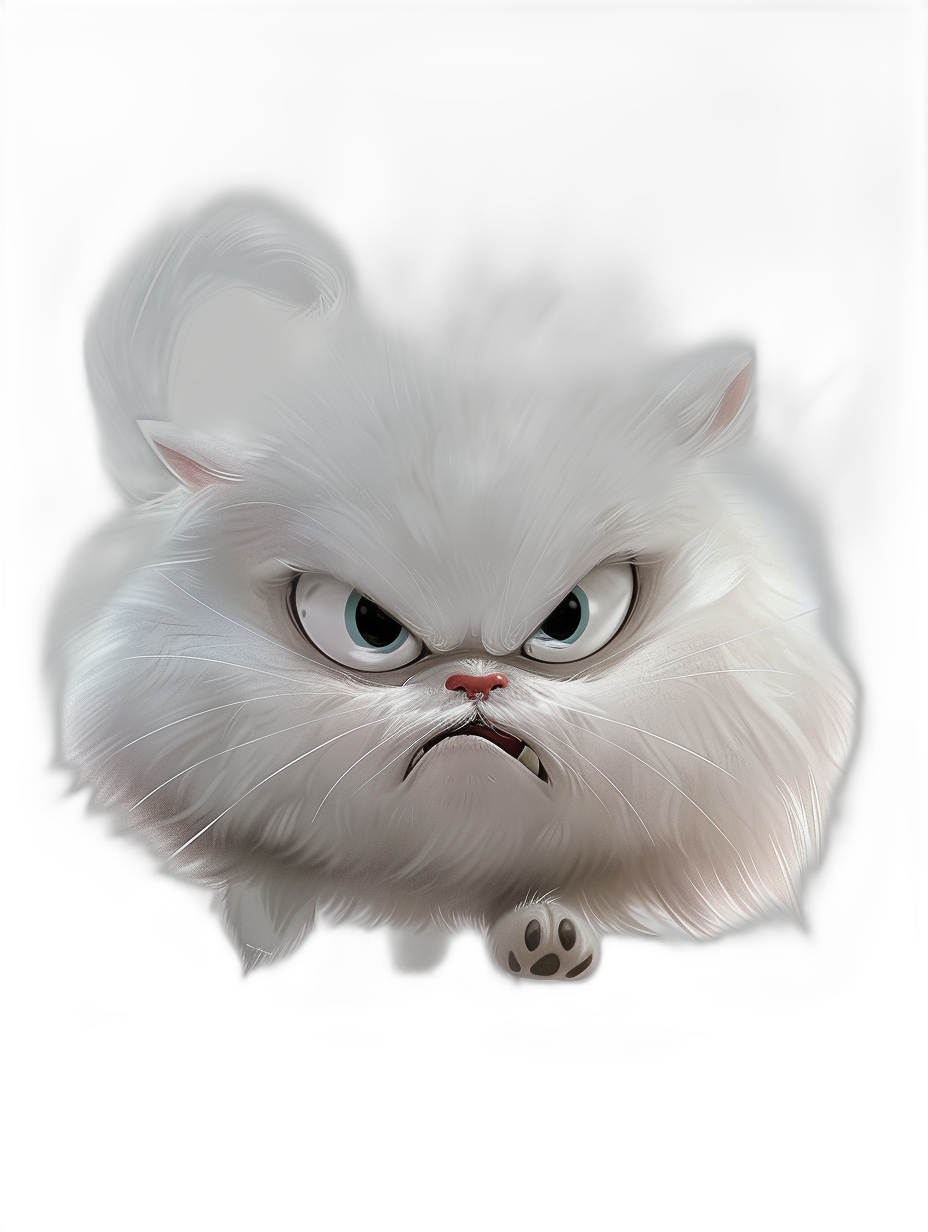 realistic cartoon illustration of an angry white persian cat, black background, digital art in the style of Disney and Pixar, cute big eyes, adorable features in exaggerated form, extreme caricature style portrait