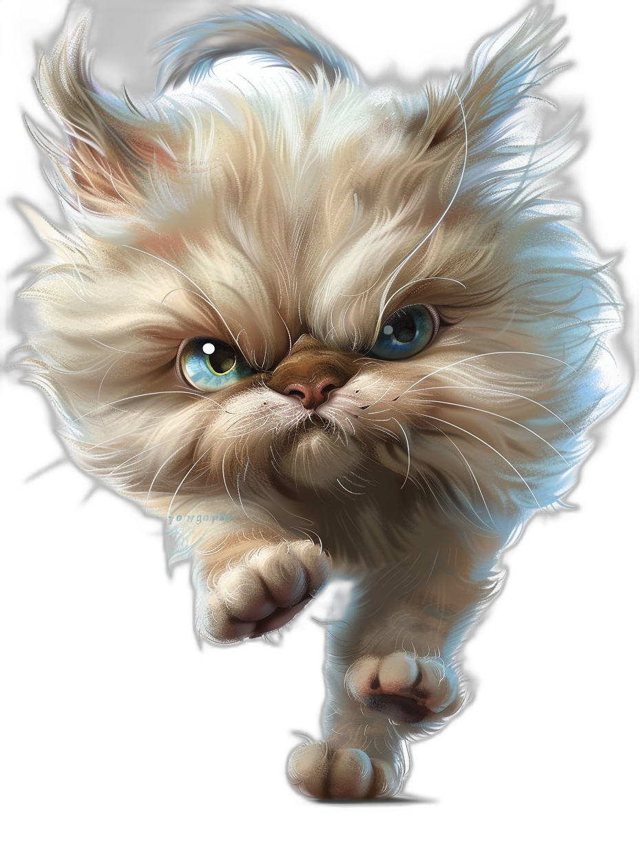 A cartoon of an angry furry Persian cat with blue eyes, jumping on a black background in a full body pose. The digital art is in the style of Stanley [Artgerm](https://goo.gl/search?artist%20Artgerm) Lau and Pixar, with very detailed artwork.