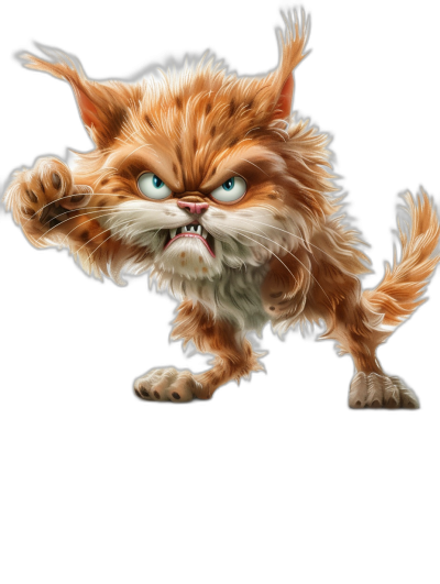 character design of an angry ginger cat jumping up in the air on a black background in the 2D game art style. Caricature-like illustrations of the cartoon mis-en-scene with high resolution, colorful, exaggerated expressions and sharp focus with high detail.