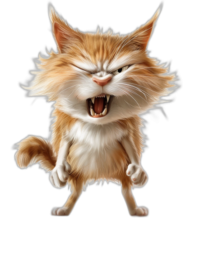 a full body cartoon caricature of an angry ginger cat, isolated on black background, hyper realistic photography using soft colors and delicate shades , higly detailed