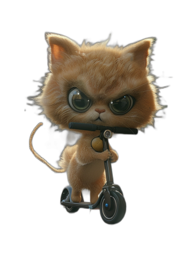 Cute fluffy fur baby kitten character with big eyes, riding an electric scooter with an angry expression against a black background, rendered in 3D using an engine such as Unreal or Blender.