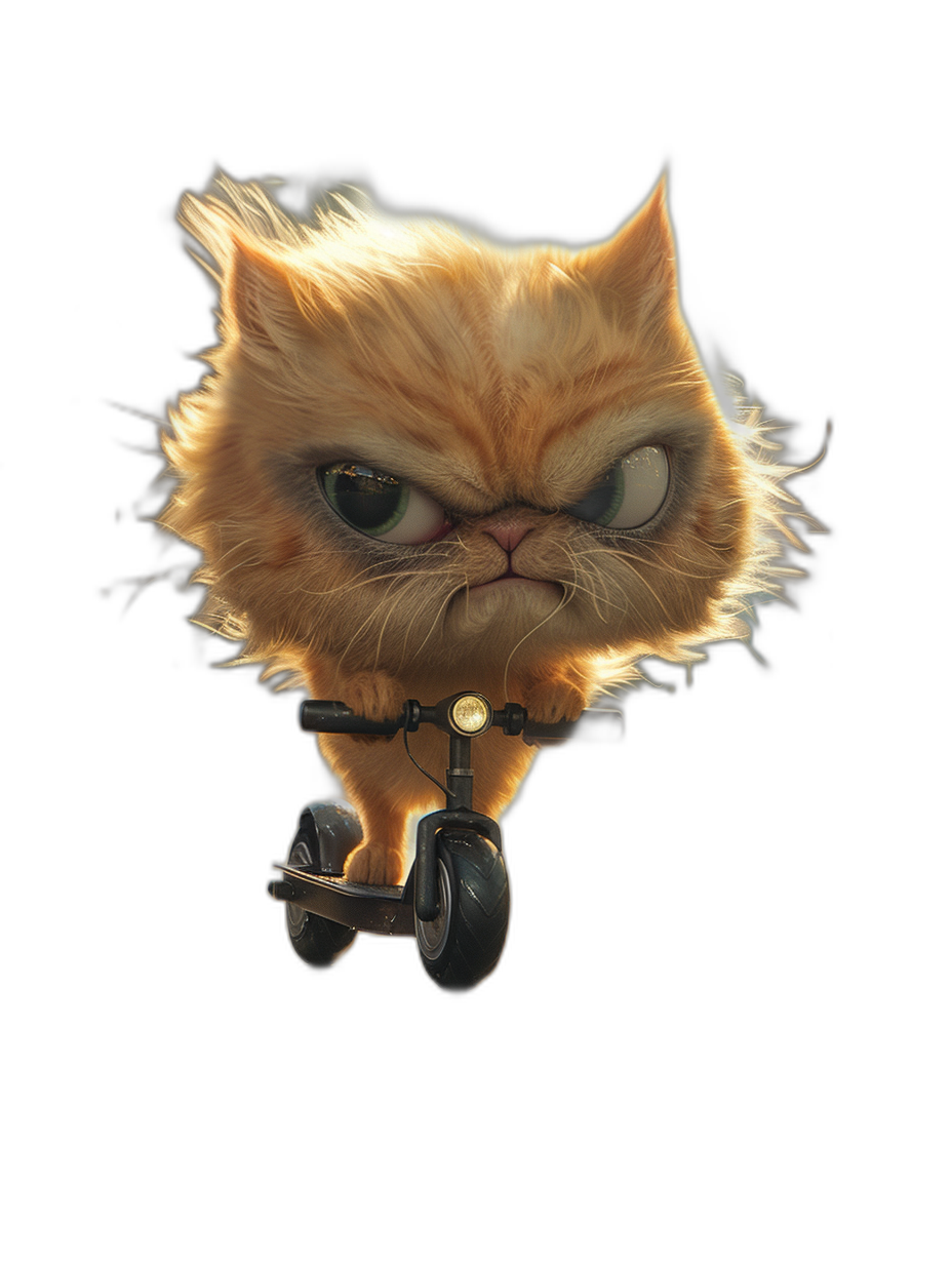 grumpy orange cat with black eyes riding an electric scooter, in the style of Pixar, cartoon character, black background, cute, fluffy fur, soft lighting, detailed, octane render, studio light, cinematic, full body shot