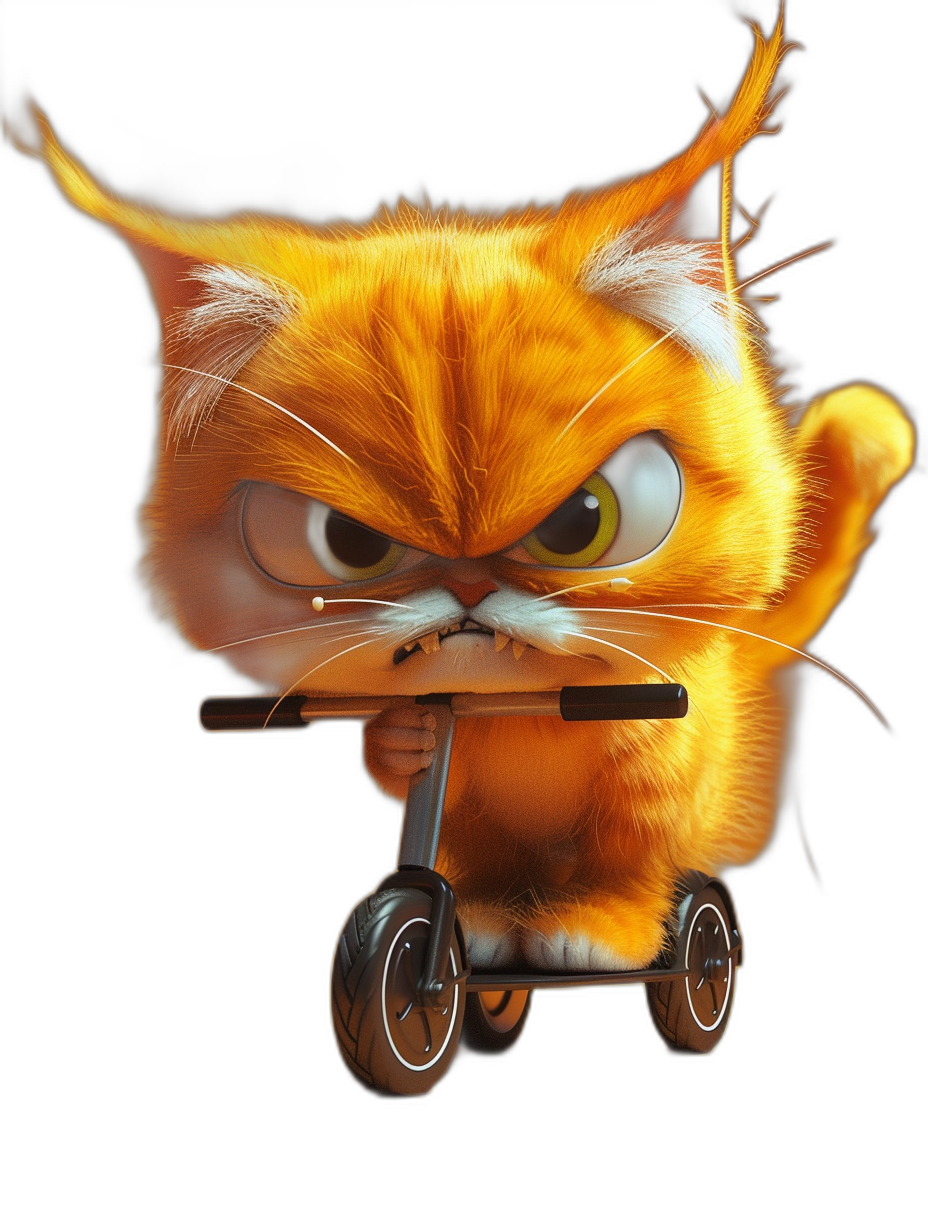 character design of an angry orange cat riding an electric scooter, 3D render, black background, in the style of Pixar