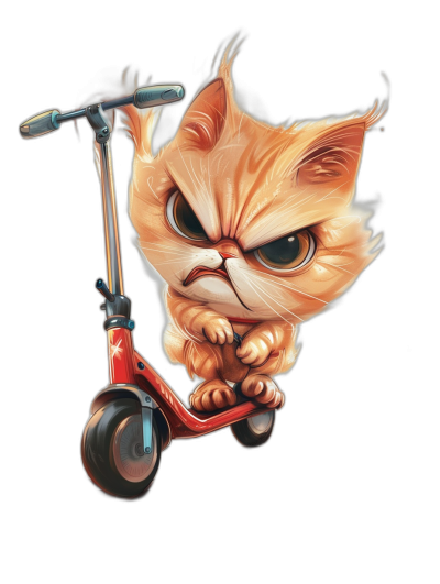 Cute grumpy cat on scooter, cartoon style, isolated in black background, high resolution vector