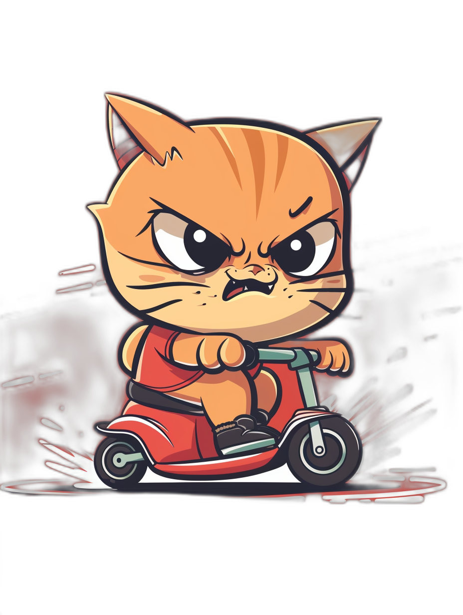 vector design of an angry chibi cat riding on scooter, isolated black background, in the art style of anime cartoon tshirt vector sticker ,