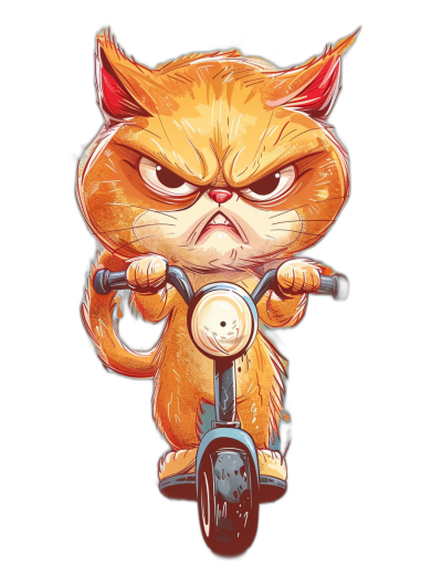 t-shirt design, angry orange cat on motorcycle in the style of [Tiago Hoisel](https://goo.gl/search?artist%20Tiago%20Hoisel), caricature-like character in the style of [William Hogarth](https://goo.gl/search?artist%20William%20Hogarth) but rich expressionism, full body isolated on black background