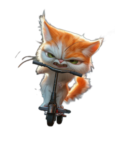 3d render of cute cartoon cat riding scooter, angry face, isolated on black background, pixar style