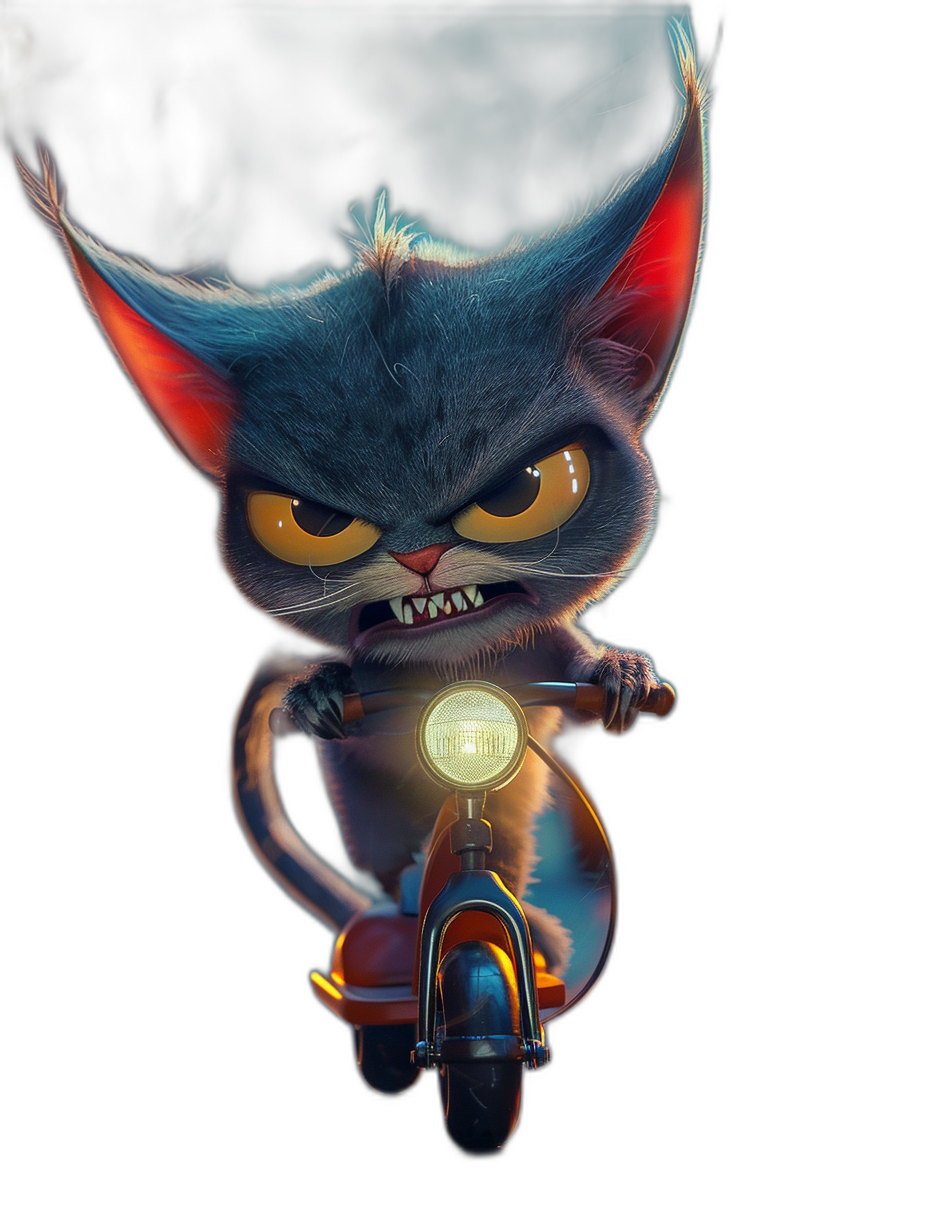 evil cute kitten character on motorcycle, cartoon style, dark background, high contrast, in the style of hyper realistic, unreal engine render