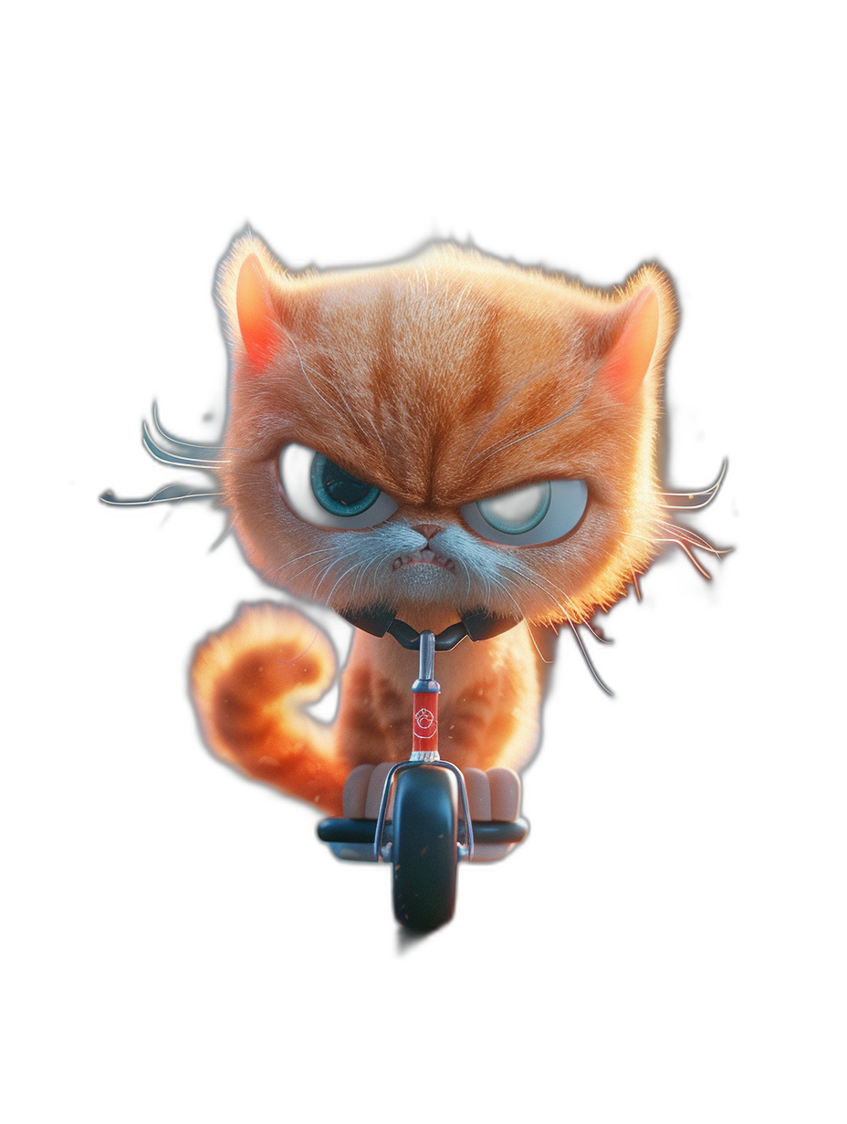 Cute orange cat riding a scooter with an angry expression on a black background, in the style of Pixar. 3D rendered in high definition, high resolution, and with high detail for the best quality. Hyper realistic with cinematic lighting and high sharpness, rendered in the style of Octane.