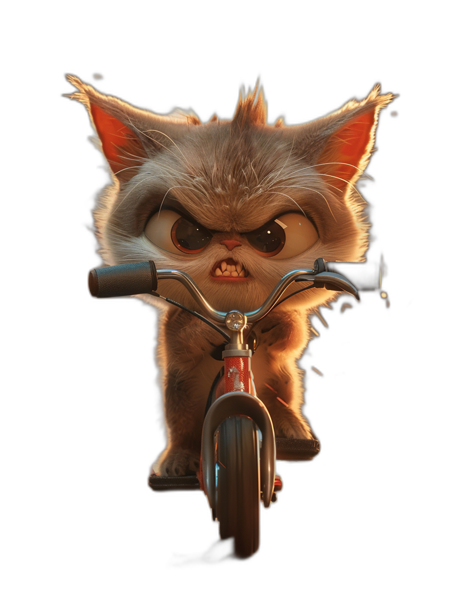 front view of a cute and angry baby cat on a bike, in the style of Pixar, on a black background, with high resolution, hyper realistic details