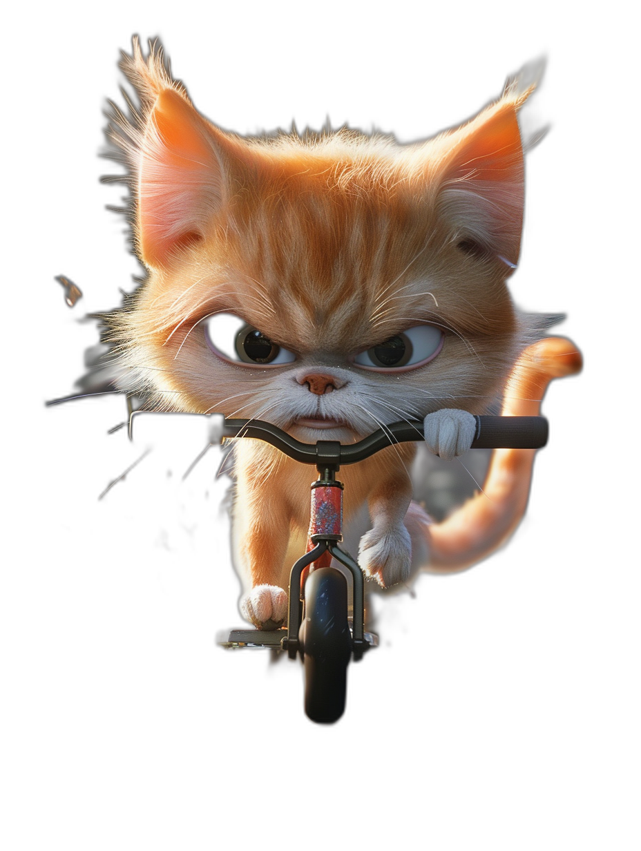 Cute cat riding bike, angry expression, cartoon style, black background, 3D rendering, in the style of Pixar animation, cute pet photography, full body image, wide angle lens, high definition