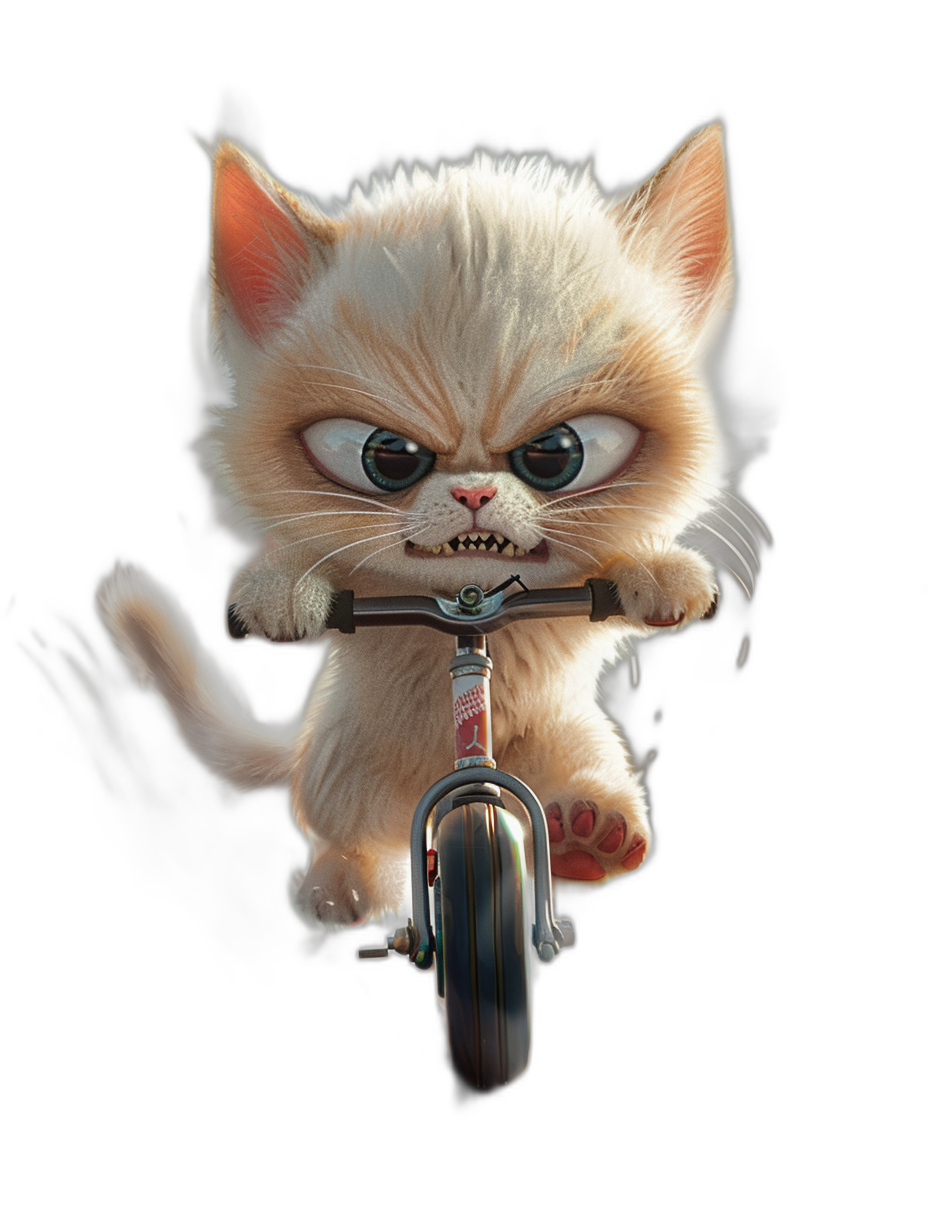 realistic cute and adorable furry kitten riding scooter, angry eyes, cartoon style, isolated on black background, full body shot, super detailed, high definition, hdr, depth of field, unreal engine, soft natural lighting