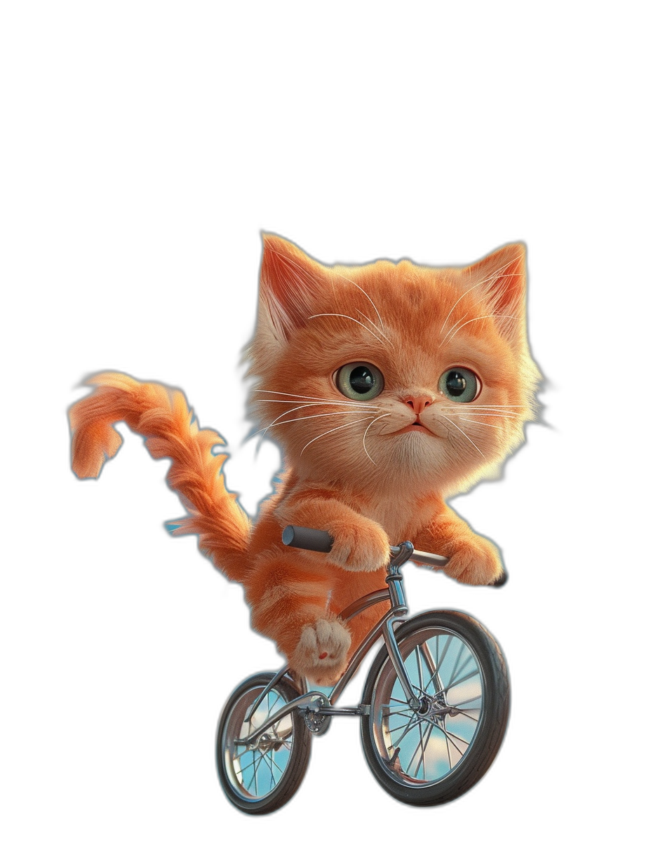 A cute orange cat riding on a bicycle against a black background in the style of Pixar and Disney, in a cartoon style with high resolution and high detail, with no text or letters in the picture.