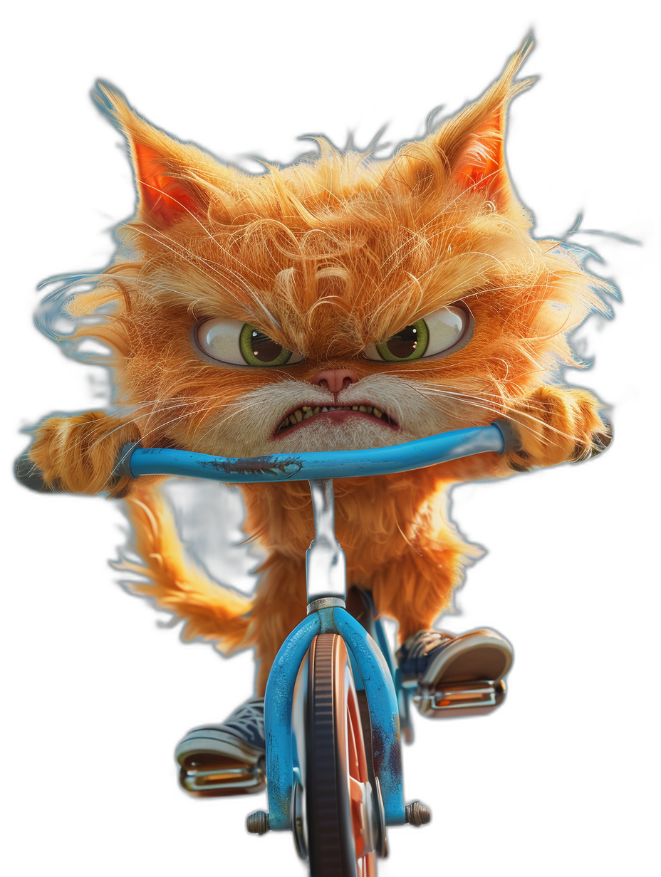 A cute orange cat riding on the front of a blue bike, with an angry facial expression, on a black background, in a 3D rendered style, in the style of Disney, in the Pixar animation style, as a full body shot, with a character design that has detailed hair and eyes.