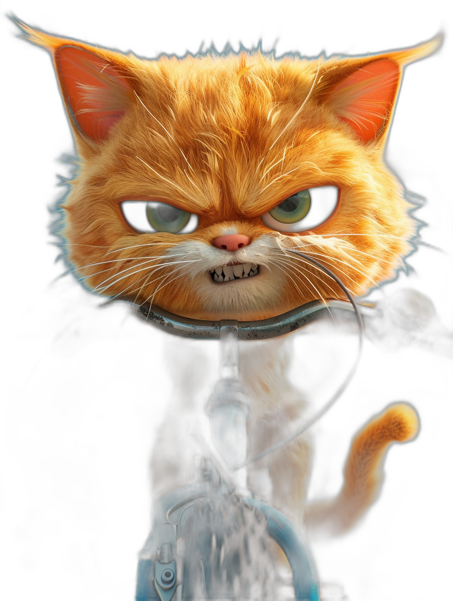 front view of a cute orange cat with green eyes sitting on a bike, an angry facial expression, in the style of Pixar, a cartoon character portrait, dark background, a big head and small body, digital art in the style of Pixar studio, octane render, sharp focus, a studio photo, intricate details, highly detailed