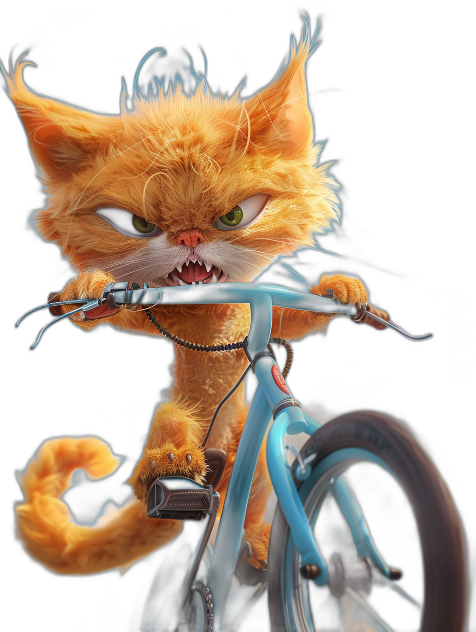 angry orange cat with green eyes riding blue bicycle on a black background, in the style of Pixar, high resolution, hyper quality