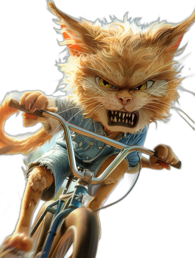 A fierce and aggressive orange-furred cat wearing blue  and riding a bicycle, with sharp teeth and an angry face, in the style of [Tiago Hoisel](https://goo.gl/search?artist%20Tiago%20Hoisel), in a caricature-like and playful style. Black background.