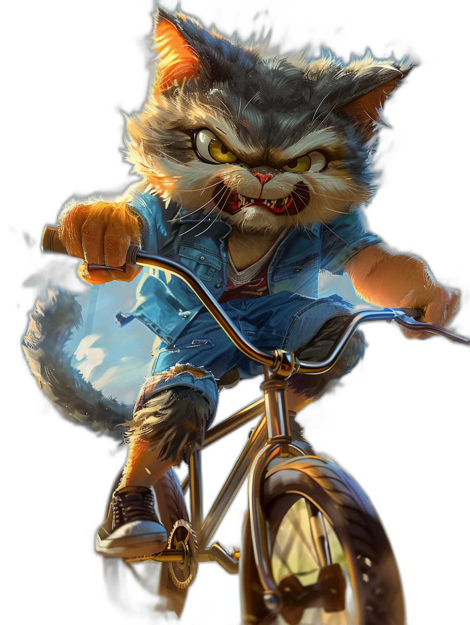 A cat in blue jeans and an open shirt rides on a bike, in the cartoon style, with a dark background, in the cartoon realism style, with a feline character design, like 2D game art, with a fierce expression, yellow eyes with black pupils, fluffy fur texture, bright colors, exaggerated movements, a cool posture, with high resolution, high detail, on a black background.