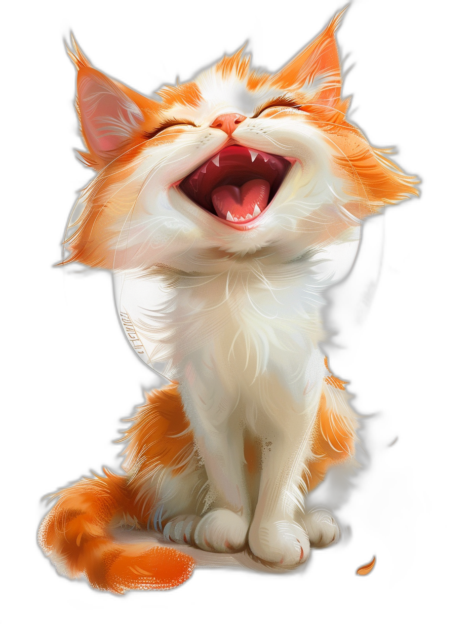 A cute orange and white cat is laughing heartily, eyes closed, with its mouth wide open in the style of digital airbrushing on a black background in the style of cartoon realism for a full body portrait concept art in the style of rossdraws, game illustration design.