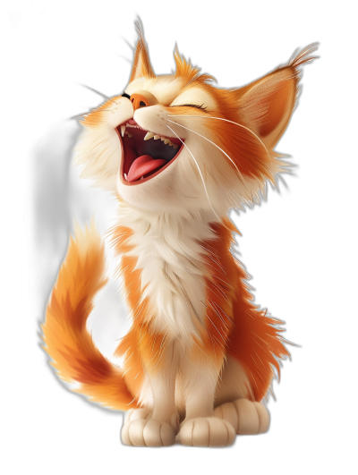 3D render of a cute, happy, smiling orange and white cat howling against a black background, in the style of Pixar.