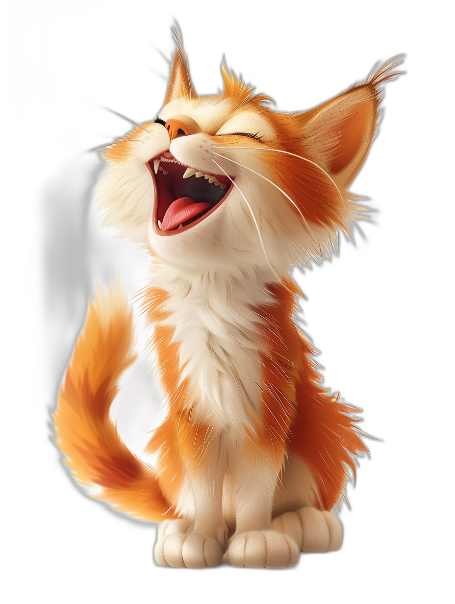 3D render of a cute, happy, smiling orange and white cat howling against a black background, in the style of Pixar.