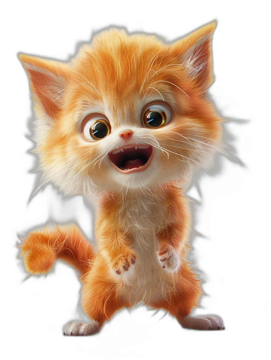 3D cartoon, happy cute orange kitten in the style of Pixar character on black background, adorable eyes + cinematic lighting, octane render