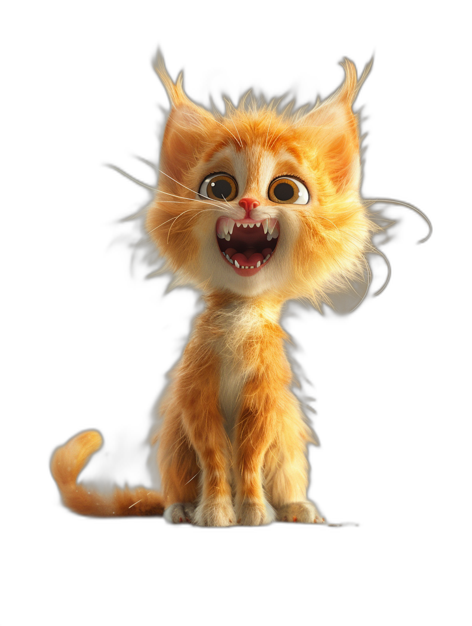 3D render of an orange kitten with wild hair, big teeth and wide open eyes on a black background, in the style of Pixar.