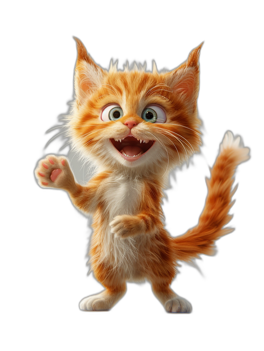 A cute orange cat, in the style of Pixar, with big eyes, its long tail waving in the wind, smiling and laughing with its open mouth showing teeth, its white paws raised up high, against a black background, with 3D rendering in high definition.