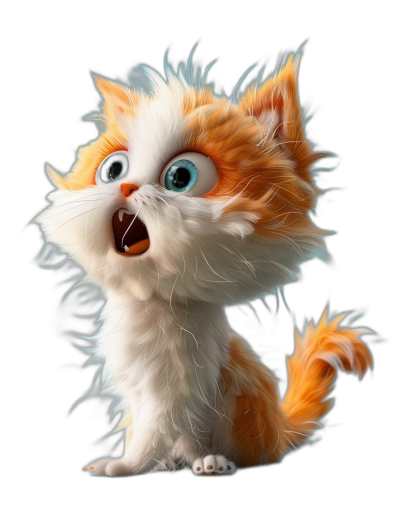 3D render of a cute fluffy orange and white kitten, in the style of Pixar, mouth open in awe with big eyes on a black background, with octane rendering, cute character design, cute hair.