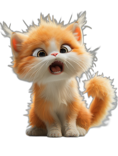 3D render of a cute fluffy orange and white kitten smiling with its mouth open on a black background in the style of Disney Pixar.