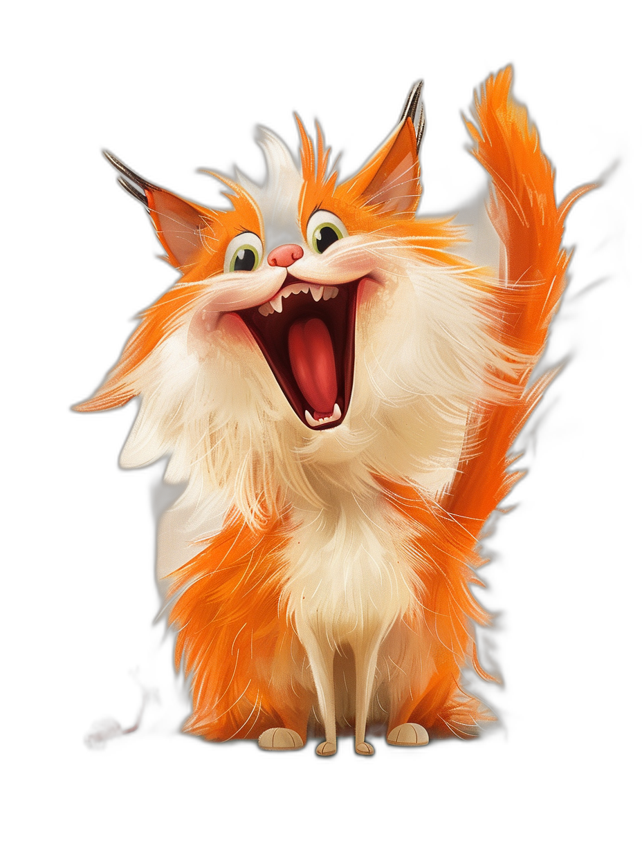 smiling fluffy orange and white cat, concept art in the style of Pixar, cgsociety, character design, cartoon scene, dreamlike characters, black background