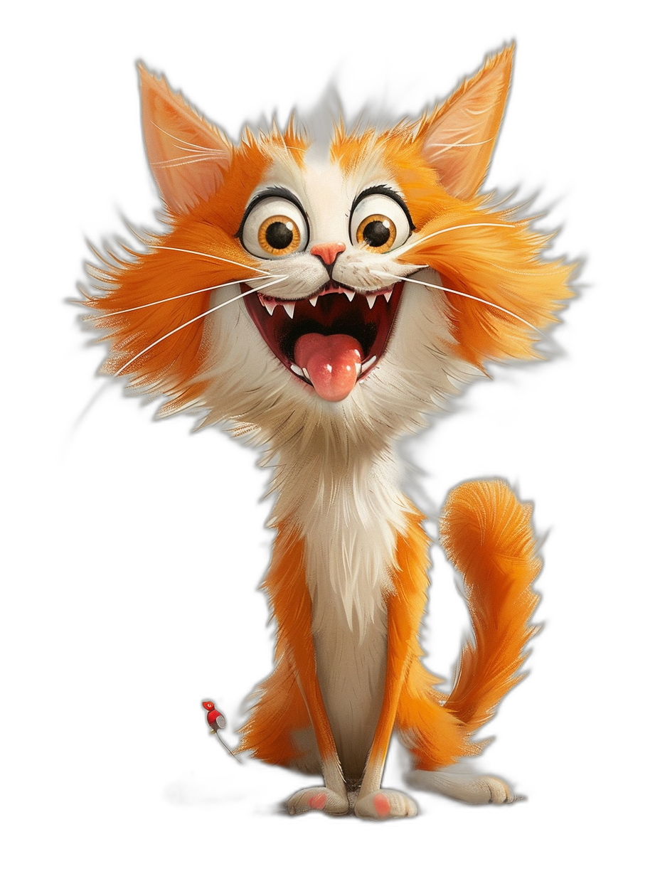 A cute happy orange and white cat with big eyes, in the style of Pixar, a Disney cartoon character, full body, 3D rendering, black background, cute expression, laughing with its tongue out of its mouth, and a very long tail.