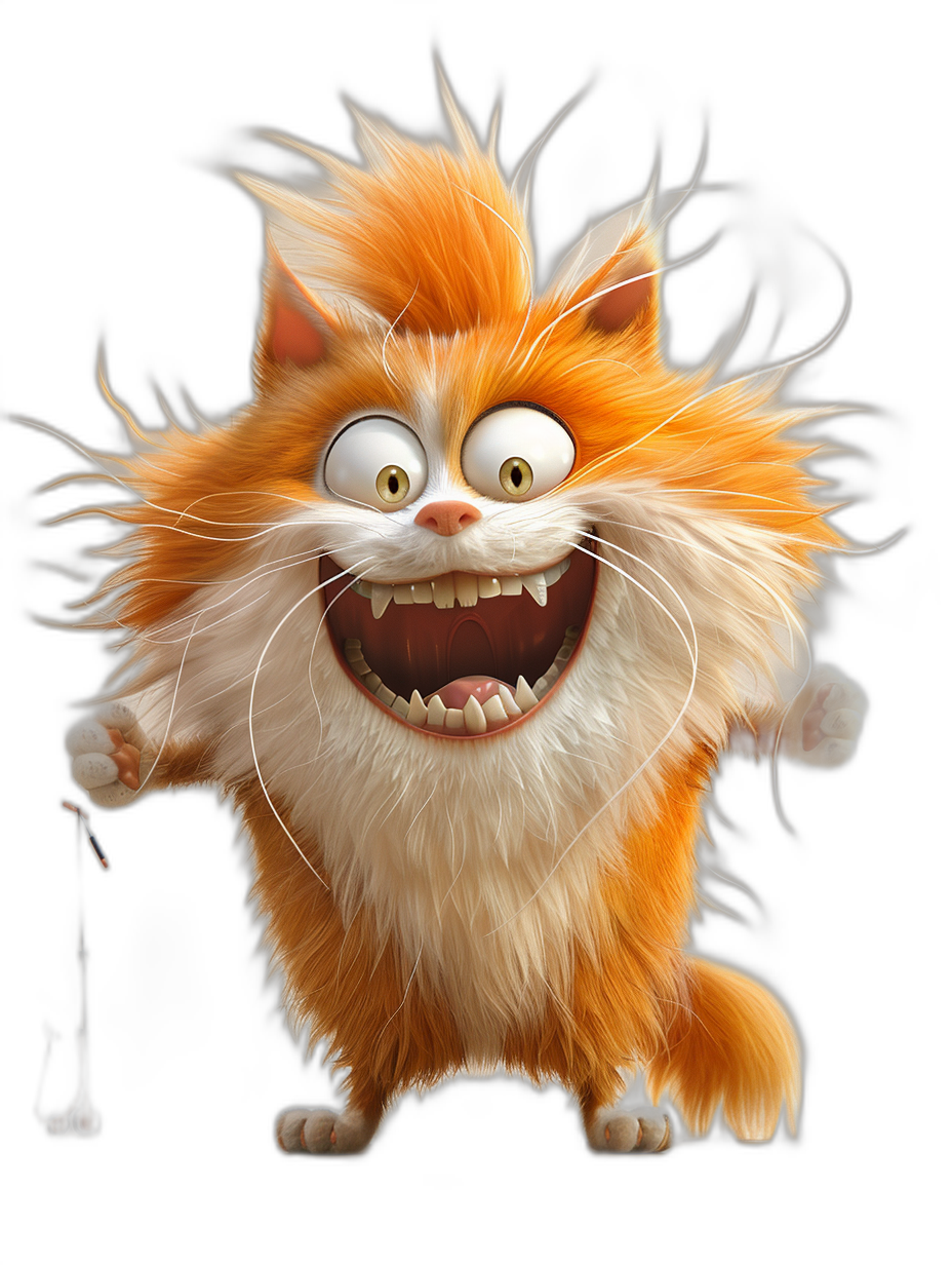 3D render of a crazy happy fluffy orange cat with big teeth and messy hair, full body, on a black background, in the style of Disney Pixar.