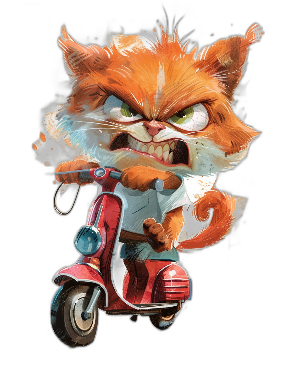 t-shirt design, cute angry cat on scooter in the style of [Tiago Hoisel](https://goo.gl/search?artist%20Tiago%20Hoisel), caricature-like, playful expression