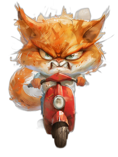 A cute orange cat with an angry expression riding on the front of a red scooter, in the style of [Ralph Steadman](https://goo.gl/search?artist%20Ralph%20Steadman) and in the style of [Atey Ghailan](https://goo.gl/search?artist%20Atey%20Ghailan), in a vector art style, isolated on a black background, in the style of digital painting, in the style of Pixar character design.