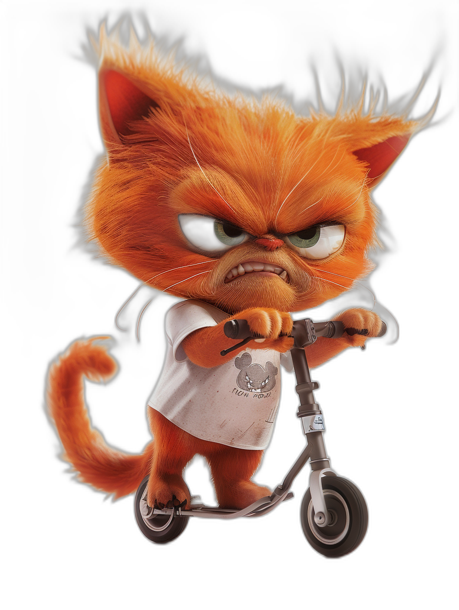 grumpy orange cat wearing a white t-shirt, riding a scooter with an angry face, in the style of Pixar, on a black background, at a high resolution