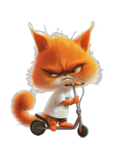 grumpy orange cat wearing a white t-shirt riding a scooter in the style of Pixar, cartoon character design, black background, cute, detailed, high resolution