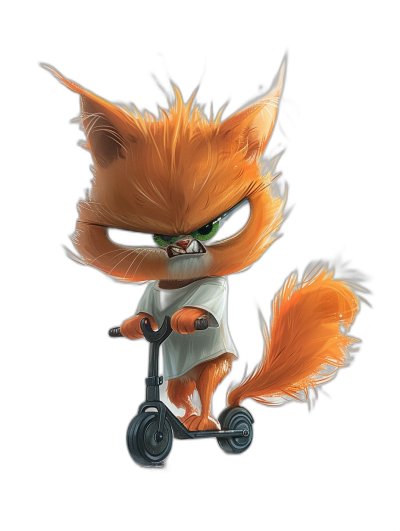 Cute cartoon character of an orange cat with black eyes, wearing a white t-shirt and riding an electric scooter on a pure solid background, with green fur around its neck and an angry expression. High quality, high resolution image in the style of Pixar and chibi style, with a full body shot taken with professional photography and sharp focus under studio lighting.