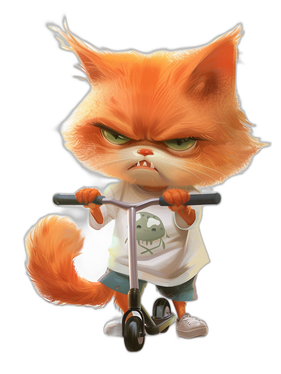 grumpy orange cat character in a white t-shirt with green eyes and grey shorts riding a scooter, in the style of [Tiago Hoisel](https://goo.gl/search?artist%20Tiago%20Hoisel), caricature-like, playful caricature, full body portrait, black background