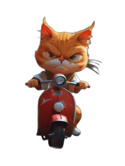 grumpy orange cat riding on a red vespa, in a cartoon style, with a 3d black background, in the style of Pixar, high resolution, rendered in Octane