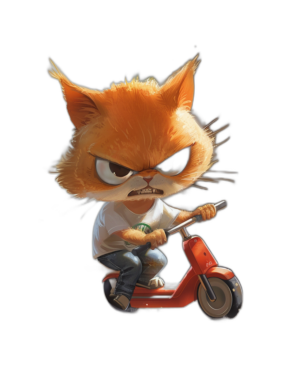 grumpy orange cat with an angry face, wearing a white t-shirt and jeans riding on a scooter, black background, chibi style character design, in the style of Pixar artstyle