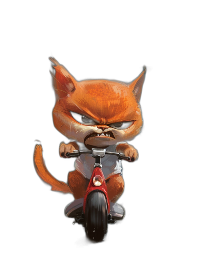 Cute grumpy orange cat character on tricycle in the style of [Tiago Hoisel](https://goo.gl/search?artist%20Tiago%20Hoisel), caricature-like, playful caricature, black background, full body