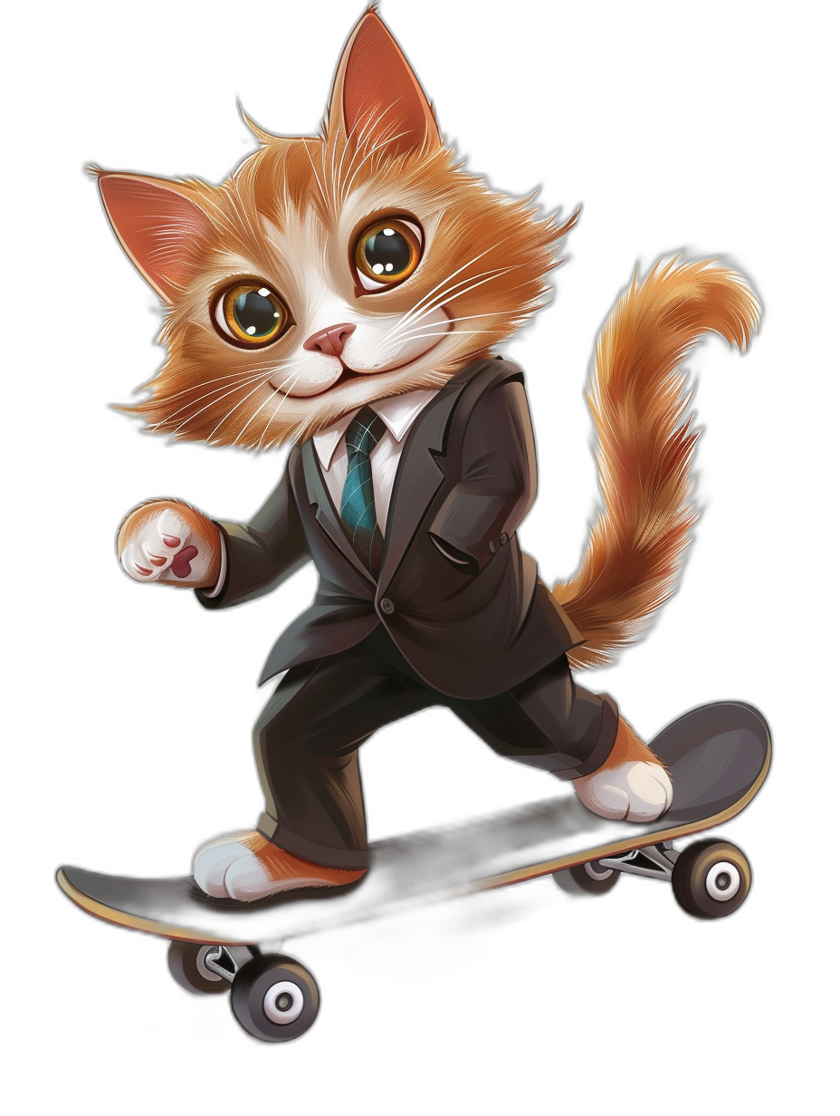 A cute ginger cat in a suit riding on a skateboard, in the style of vector illustration, on a black background, as a cute cartoon design, with high resolution, high quality, and high detail, and colorful.