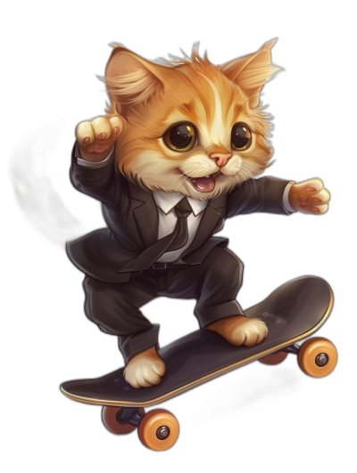 Cute cat in a suit riding a skateboard on a black background in the style of digital art.