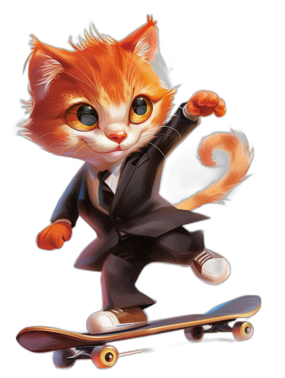 Cute cartoon orange cat in suit, riding on skateboard, big eyes, black background, character design, 2D game art style, full body portrait, high resolution, Disney Pixar influence, detailed facial features, colorful animation stills, character caricatures, strong use of negative space, studio quality